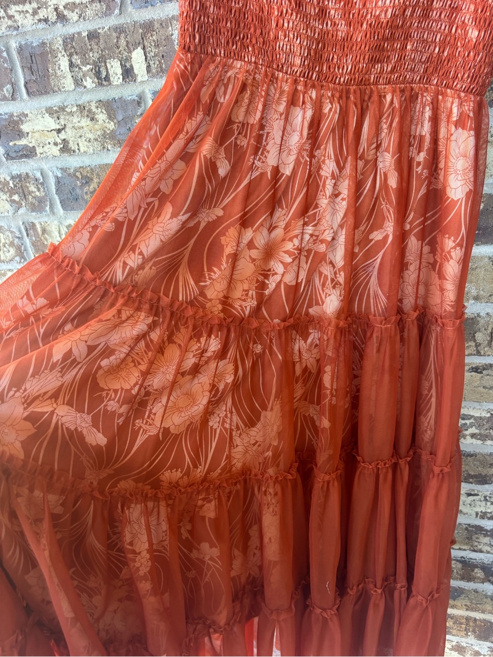 Gorgeous Baltic Born Terracotta Floral Midi Dress Smocked Ruffle Tiered Boho - Picture 4 of 11